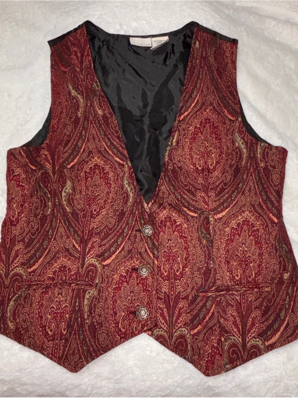 Vintage 90’s Button Up Paisley Vest Black Satin-Look Lining Adjustable Back